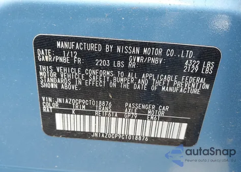 2012 Nissan Leaf Sl z USA, uszkodzony, nr VIN JN1AZ0CP9CT018876